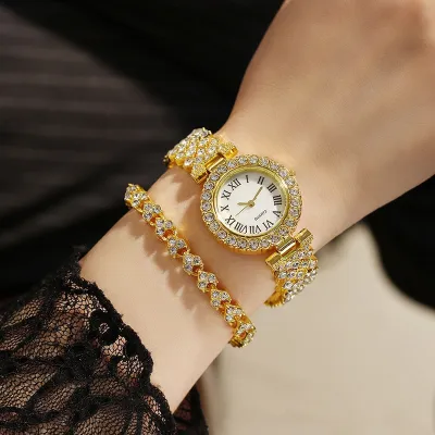 2 Pc Luxury Rhinestone Classy Ladies Wrist Watch